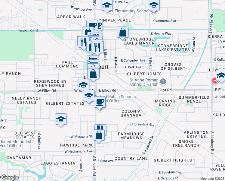 map of restaurants, bars, coffee shops, grocery stores, and more near 20 South Buena Vista Avenue in Gilbert