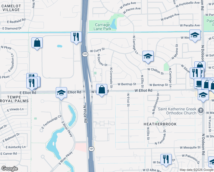 map of restaurants, bars, coffee shops, grocery stores, and more near 2700 West Elliot Road in Chandler
