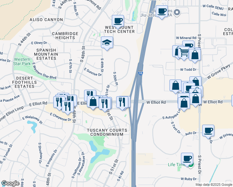 map of restaurants, bars, coffee shops, grocery stores, and more near 5121 East La Puente Avenue in Phoenix