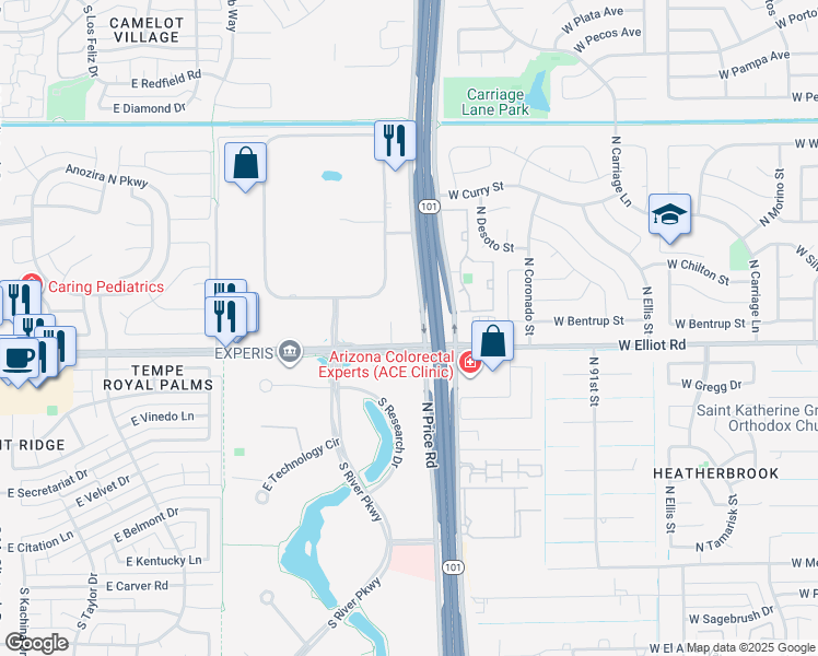 map of restaurants, bars, coffee shops, grocery stores, and more near 2164-2178 East Elliot Road in Tempe