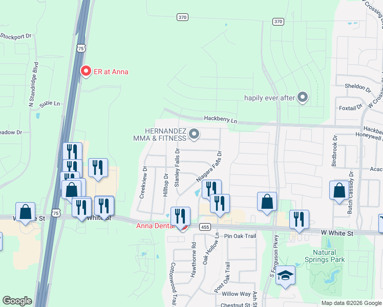 map of restaurants, bars, coffee shops, grocery stores, and more near 2022 Tanur Cascade Drive in Anna