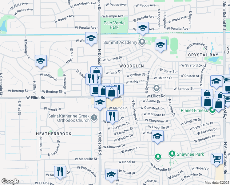map of restaurants, bars, coffee shops, grocery stores, and more near 1800 West Elliot Road in Chandler