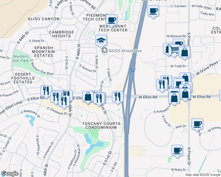 map of restaurants, bars, coffee shops, grocery stores, and more near 5121 East La Puente Avenue in Phoenix