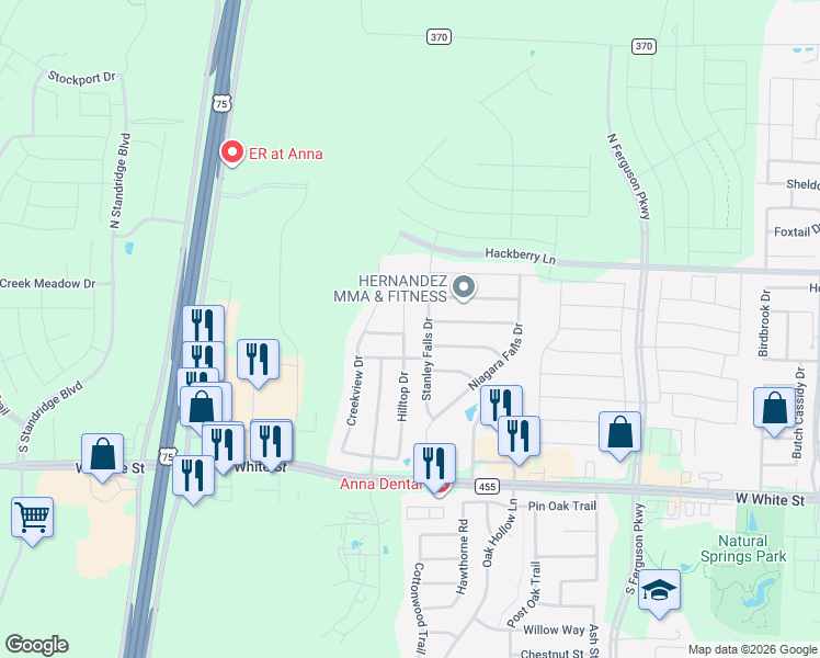 map of restaurants, bars, coffee shops, grocery stores, and more near 221 Hilltop Drive in Anna