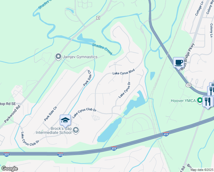 map of restaurants, bars, coffee shops, grocery stores, and more near 5179 Sapphire Ridge in Hoover