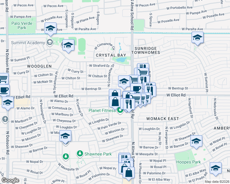 map of restaurants, bars, coffee shops, grocery stores, and more near 1092 West Elliot Road in Chandler