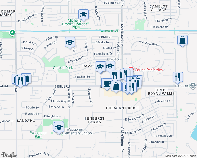 map of restaurants, bars, coffee shops, grocery stores, and more near 7570 South Willow Drive in Tempe