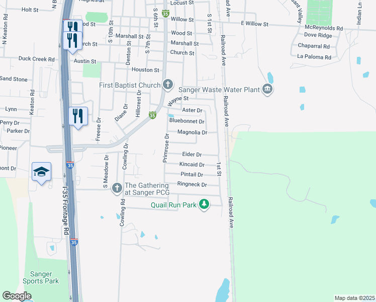 map of restaurants, bars, coffee shops, grocery stores, and more near 123 Kincaid Drive in Sanger
