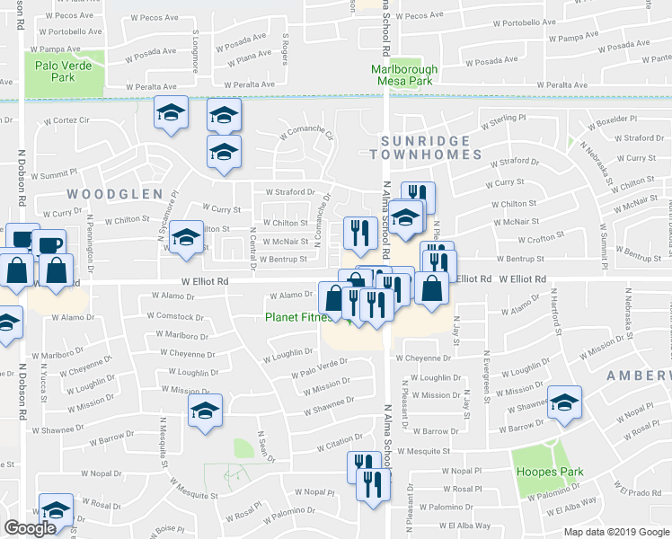 map of restaurants, bars, coffee shops, grocery stores, and more near 1092 West Elliot Road in Chandler