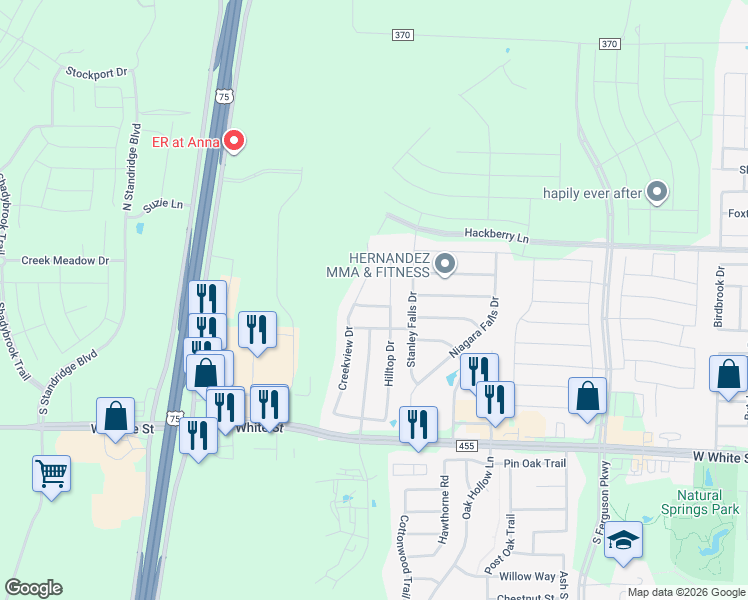 map of restaurants, bars, coffee shops, grocery stores, and more near 2305 Hillside Drive in Anna