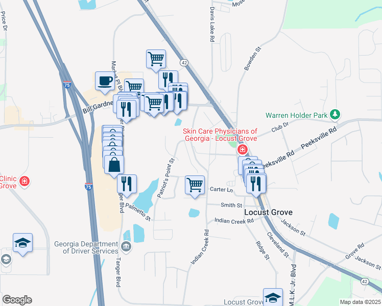 map of restaurants, bars, coffee shops, grocery stores, and more near 125 Colony Park Lane in Locust Grove