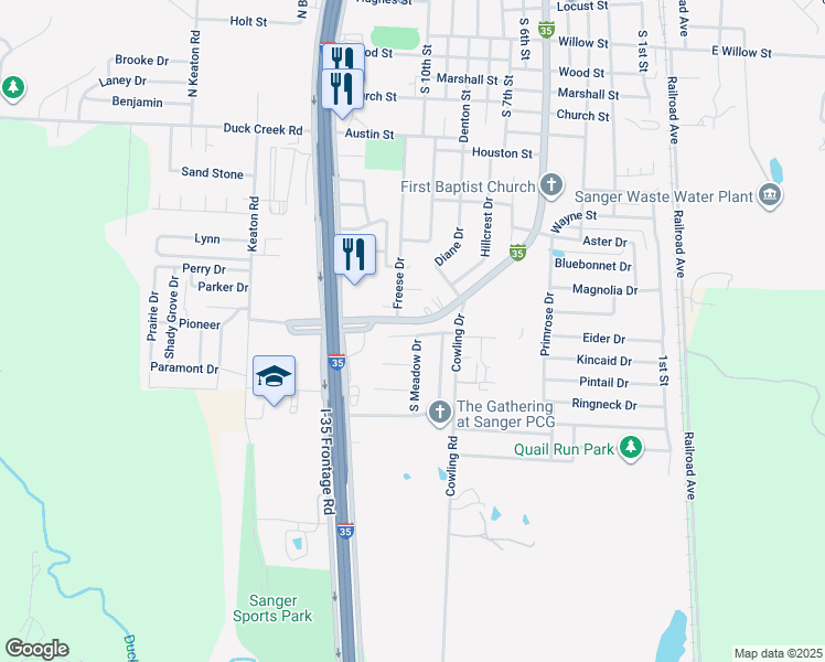 map of restaurants, bars, coffee shops, grocery stores, and more near 201 Southland Drive in Sanger