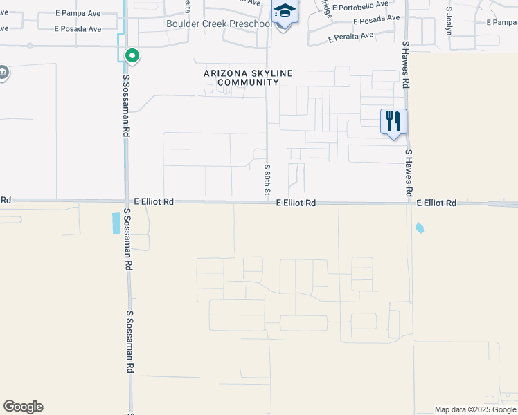 map of restaurants, bars, coffee shops, grocery stores, and more near 19541 East Elliot Road in Mesa