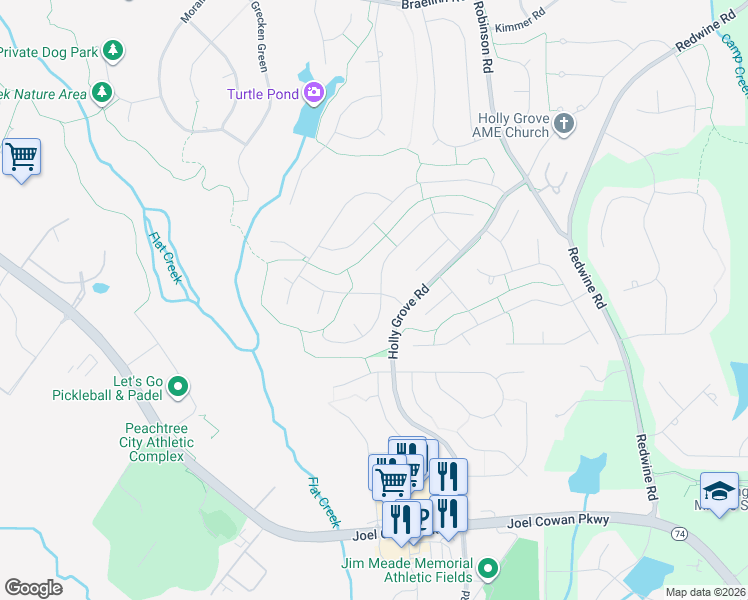 map of restaurants, bars, coffee shops, grocery stores, and more near 600 Ambrose Lane in Peachtree City