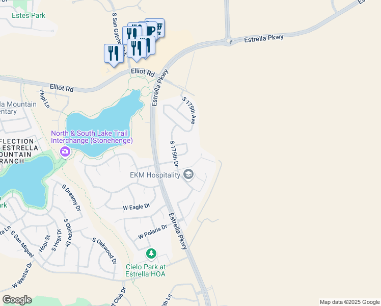map of restaurants, bars, coffee shops, grocery stores, and more near 10583 South 175th Avenue in Goodyear