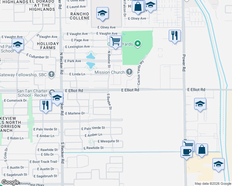 map of restaurants, bars, coffee shops, grocery stores, and more near 4353 East Elliot Road in Gilbert