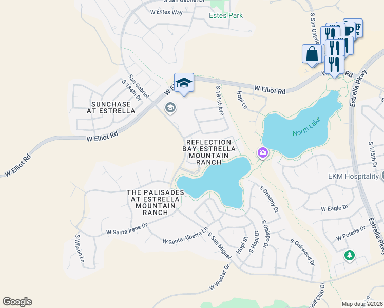 map of restaurants, bars, coffee shops, grocery stores, and more near 18231 West Hope Drive in Goodyear