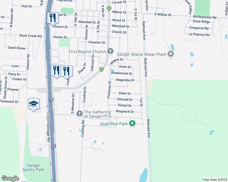 map of restaurants, bars, coffee shops, grocery stores, and more near 137 Kincaid Drive in Sanger