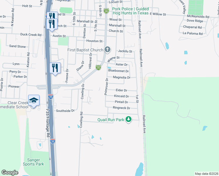map of restaurants, bars, coffee shops, grocery stores, and more near 137 Kincaid Drive in Sanger