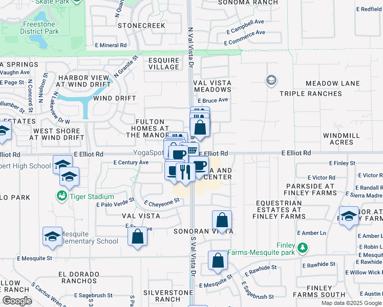 map of restaurants, bars, coffee shops, grocery stores, and more near North Val Vista Drive in Gilbert