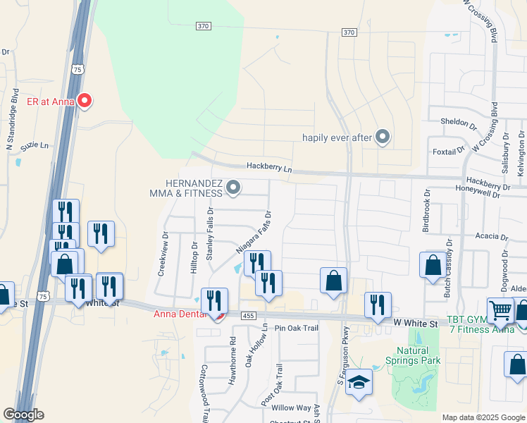 map of restaurants, bars, coffee shops, grocery stores, and more near 226 Niagara Falls Drive in Anna