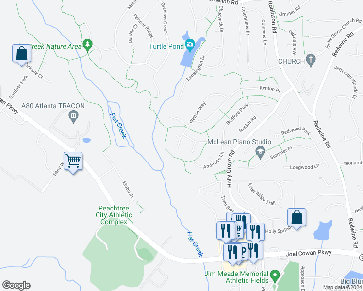 map of restaurants, bars, coffee shops, grocery stores, and more near 339 Welton Way in Peachtree City