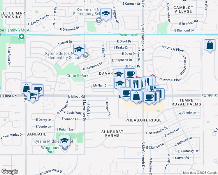 map of restaurants, bars, coffee shops, grocery stores, and more near 1441 East Brentrup Drive in Tempe