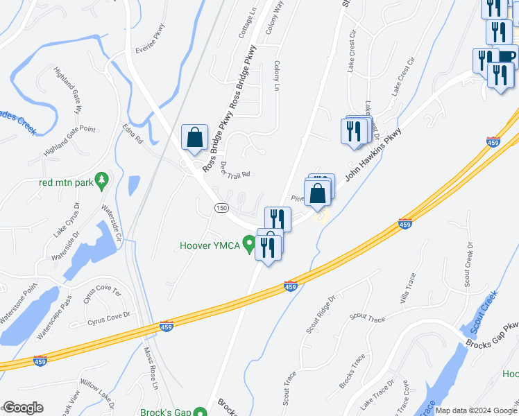 map of restaurants, bars, coffee shops, grocery stores, and more near 10 Shades Crest Road in Birmingham