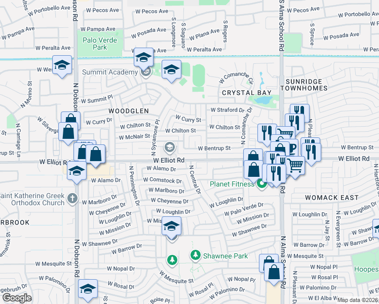 map of restaurants, bars, coffee shops, grocery stores, and more near 1500 West Alamo Drive in Chandler