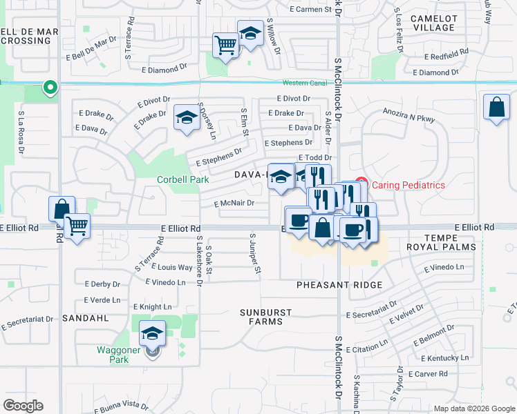 map of restaurants, bars, coffee shops, grocery stores, and more near 1441 East Brentrup Drive in Tempe