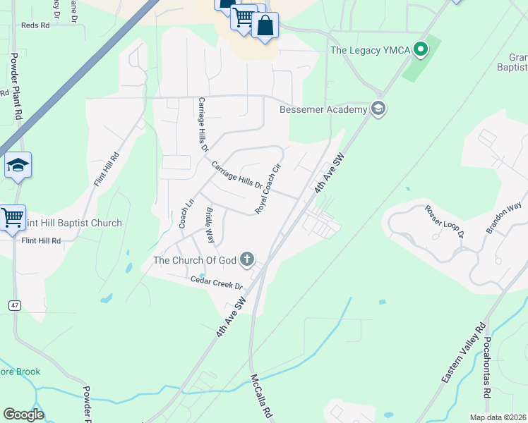 map of restaurants, bars, coffee shops, grocery stores, and more near 264 McCalla Road in Bessemer