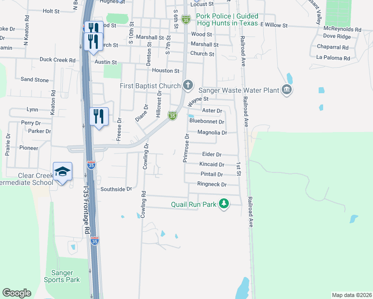 map of restaurants, bars, coffee shops, grocery stores, and more near 137 Kincaid Drive in Sanger