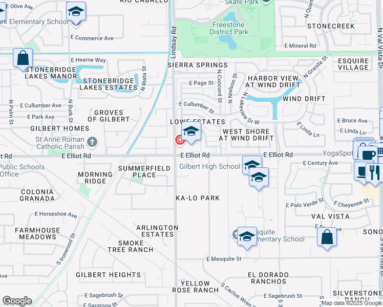 map of restaurants, bars, coffee shops, grocery stores, and more near 862 East Elliot Road in Gilbert