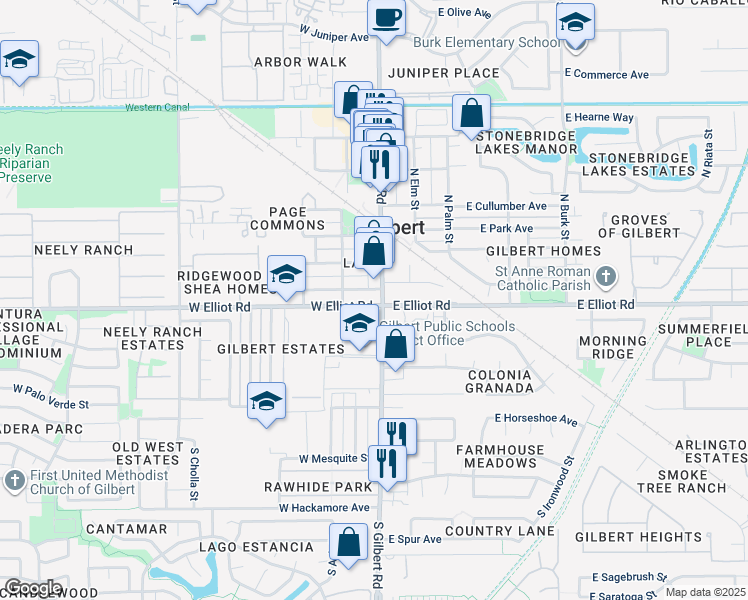 map of restaurants, bars, coffee shops, grocery stores, and more near 10 South Gilbert Road in Gilbert