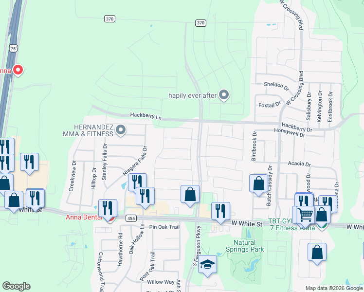 map of restaurants, bars, coffee shops, grocery stores, and more near 1606 Fields View Drive in Anna