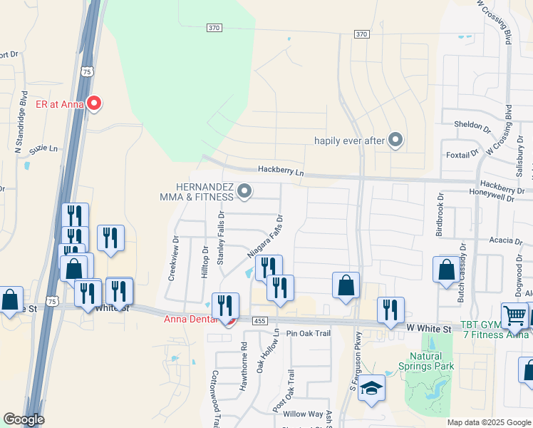 map of restaurants, bars, coffee shops, grocery stores, and more near 2015 Athabasca Falls Drive in Anna