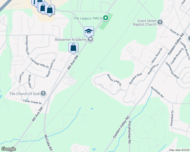 map of restaurants, bars, coffee shops, grocery stores, and more near 4679 Rosser Loop Drive in Bessemer