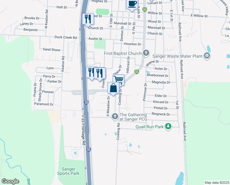 map of restaurants, bars, coffee shops, grocery stores, and more near 106 Southside Drive in Sanger