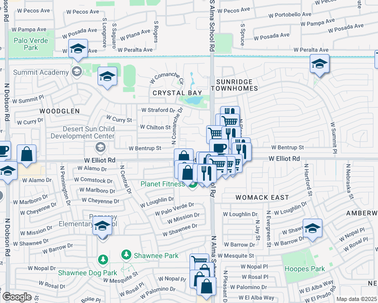 map of restaurants, bars, coffee shops, grocery stores, and more near 1126 West Elliot Road in Chandler
