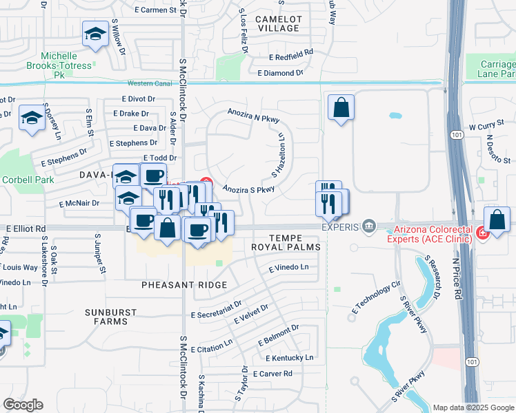 map of restaurants, bars, coffee shops, grocery stores, and more near 1916 East McNair Drive in Tempe