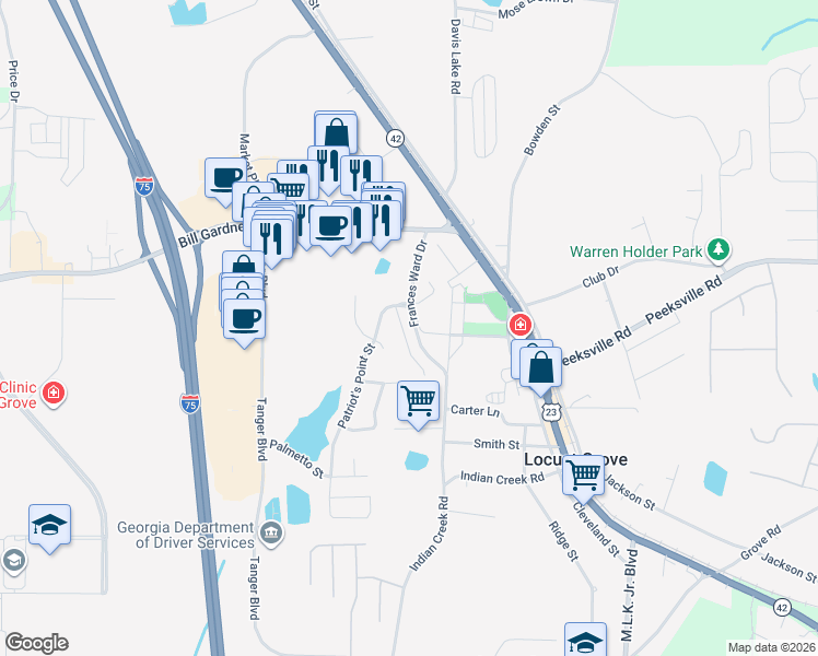 map of restaurants, bars, coffee shops, grocery stores, and more near 121 Colony Park Lane in Locust Grove