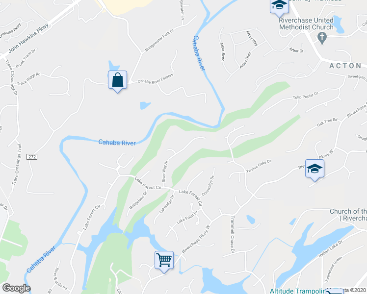 map of restaurants, bars, coffee shops, grocery stores, and more near 1922 River Way Drive in Hoover