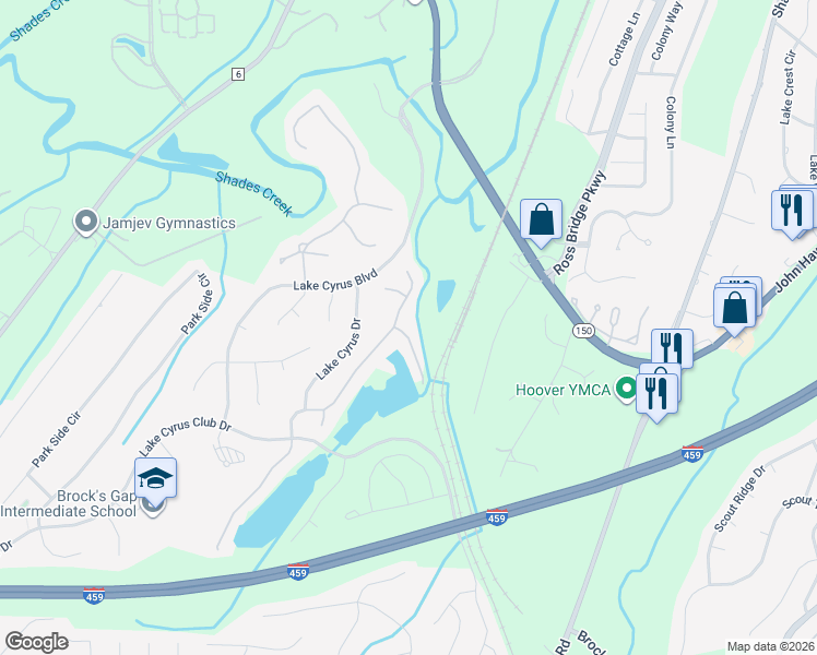 map of restaurants, bars, coffee shops, grocery stores, and more near 5942 Waterside Drive in Hoover