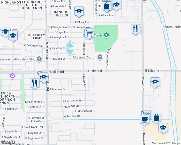 map of restaurants, bars, coffee shops, grocery stores, and more near 17872-17994 East Elliot Road in Mesa