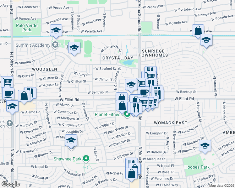map of restaurants, bars, coffee shops, grocery stores, and more near 1203 West McNair Street in Chandler