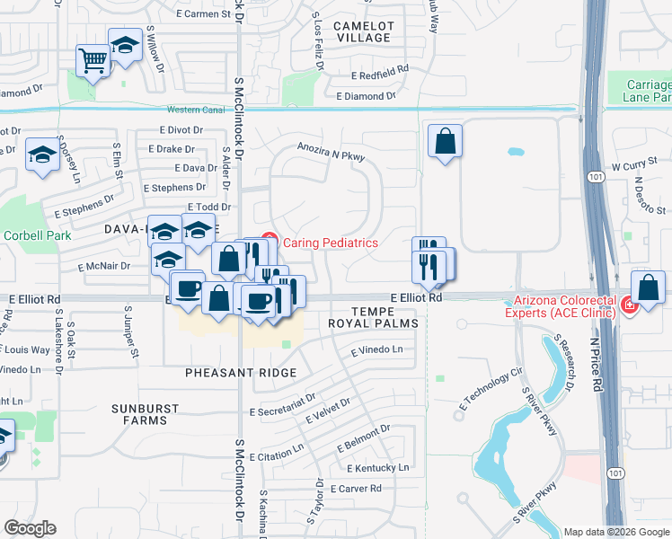 map of restaurants, bars, coffee shops, grocery stores, and more near 1916 East McNair Drive in Tempe