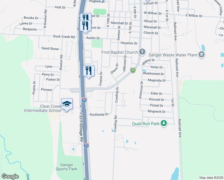 map of restaurants, bars, coffee shops, grocery stores, and more near 902 South 5th Street in Sanger