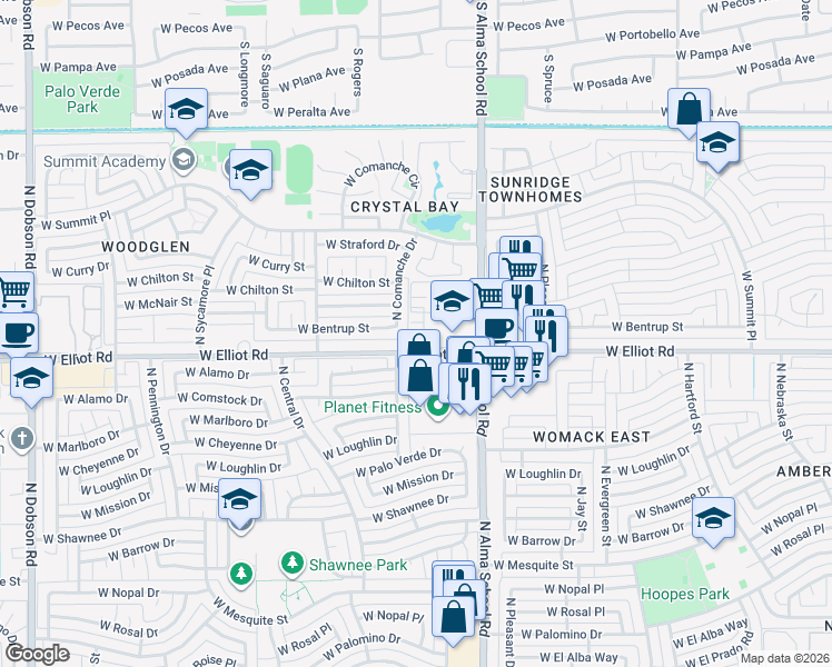 map of restaurants, bars, coffee shops, grocery stores, and more near 1126 West Elliot Road in Chandler