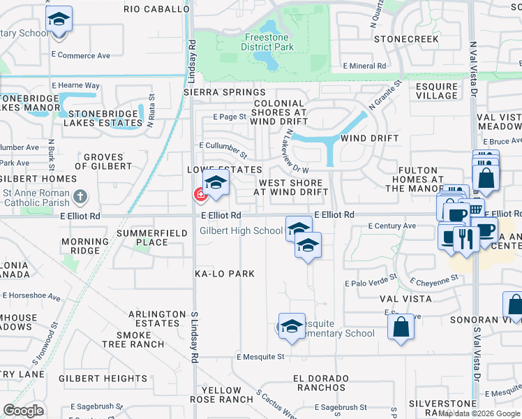 map of restaurants, bars, coffee shops, grocery stores, and more near 966 East Washington Avenue in Gilbert