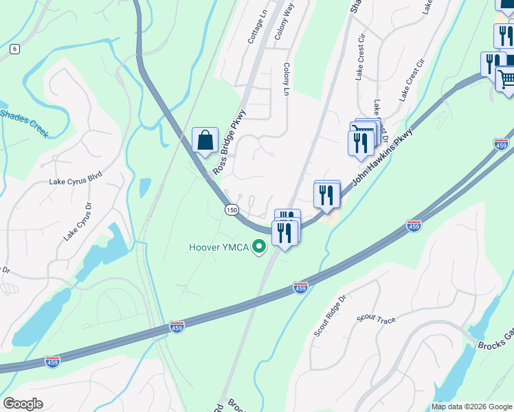 map of restaurants, bars, coffee shops, grocery stores, and more near 5303 Whisper Wood Drive in Birmingham